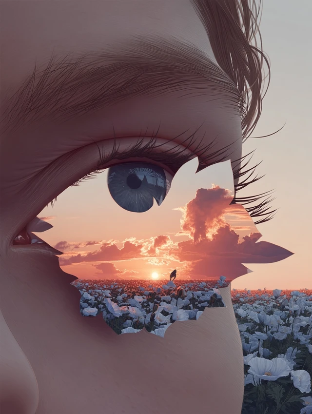 Surreal Eye Reflection: Sunset Poppy Field