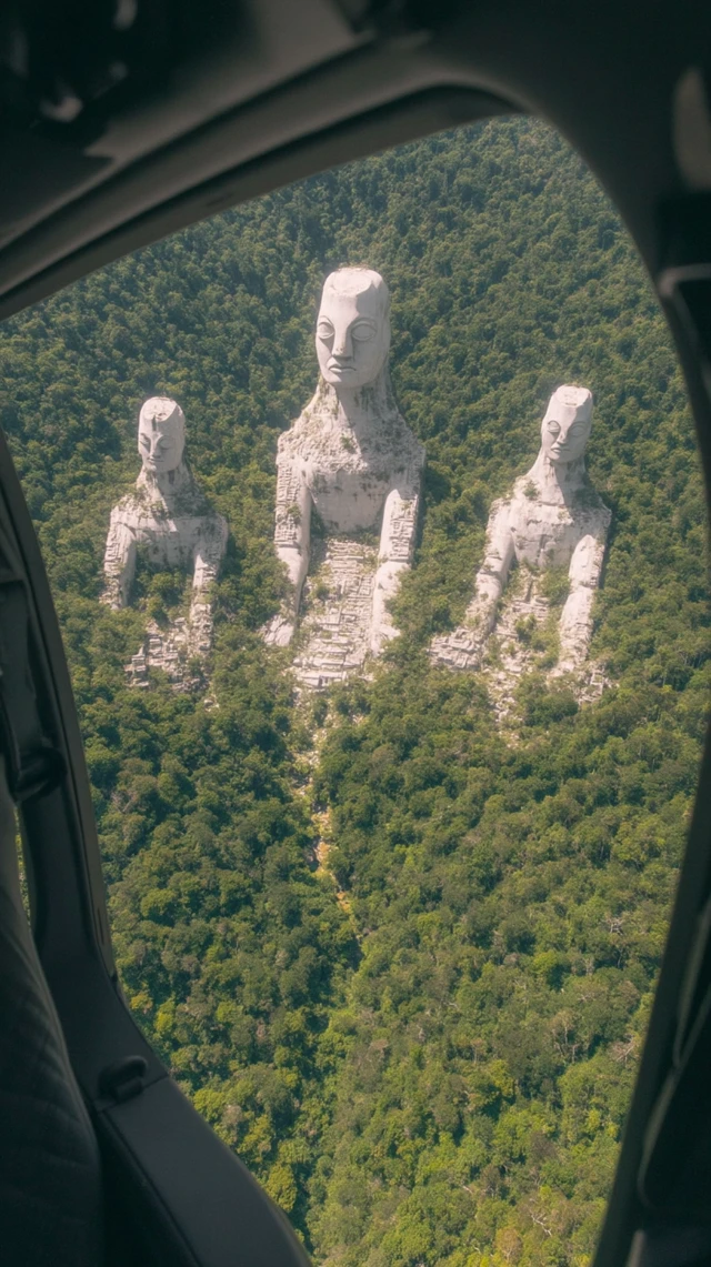 Alien Statues in Rainforest Aerial View