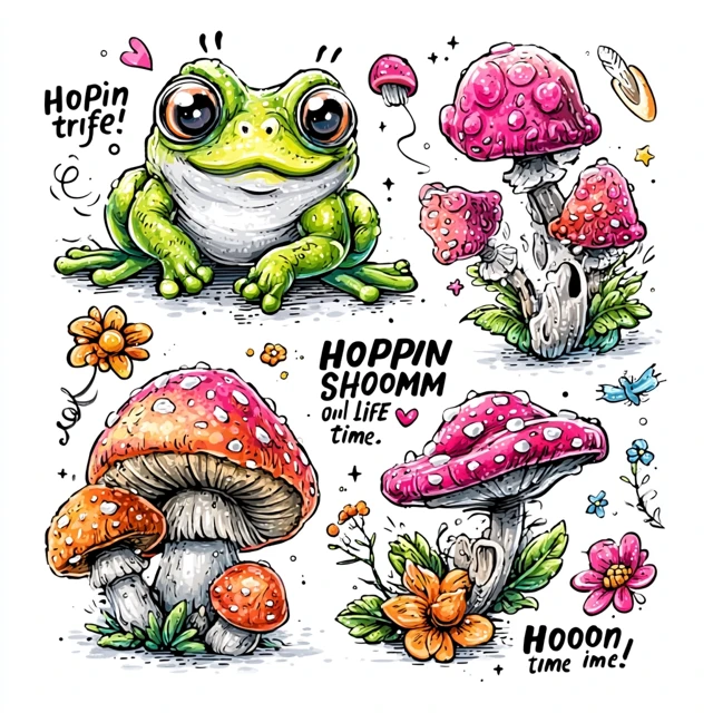 Goofy Frog on Mushrooms Fun Illustration