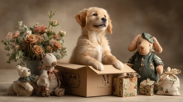 Golden Retriever Puppy in Delivery Box Stock Photo