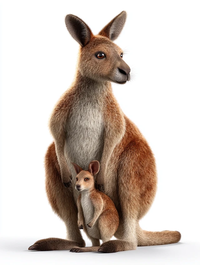 3D Realistic Kangaroo Mother and Baby Isolated