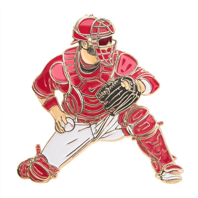 Baseball Catcher Enamel Pin Red Jersey Action Pose
