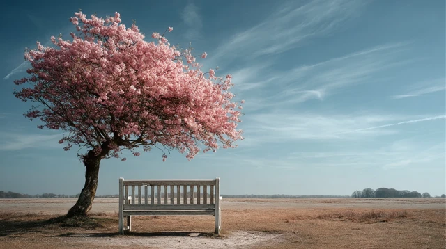 Spring Blossoms Bench Peaceful Field Scene