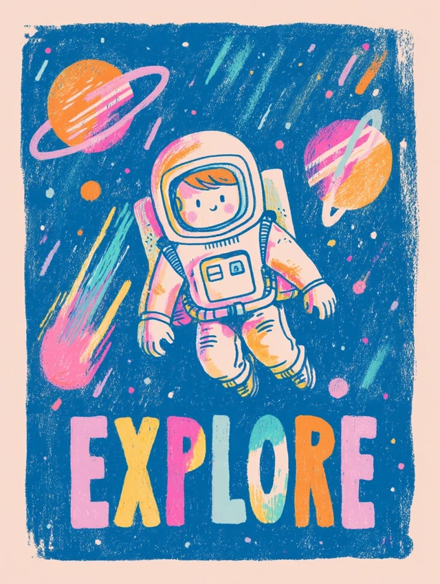 Astronaut Boy in Space Explore Gouache Illustration