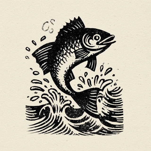 Mullet Fish Leaping Linocut Illustration