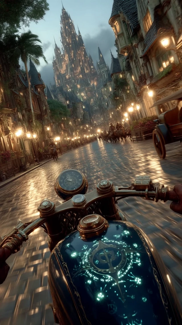 Fantasy Motorcycle Ride Through a Glowing City at Dawn
