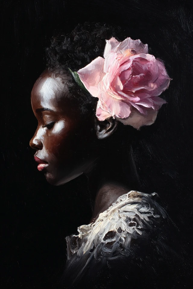 Oil Painting Black Woman with Rose