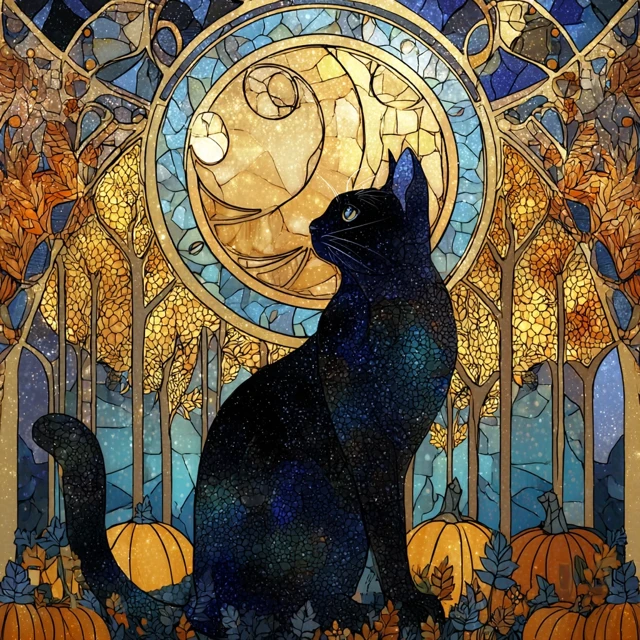 Black Cat Moonlight Stained Glass Halloween