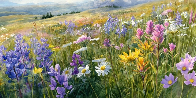 Idaho Wildflower Meadow Watercolor Painting