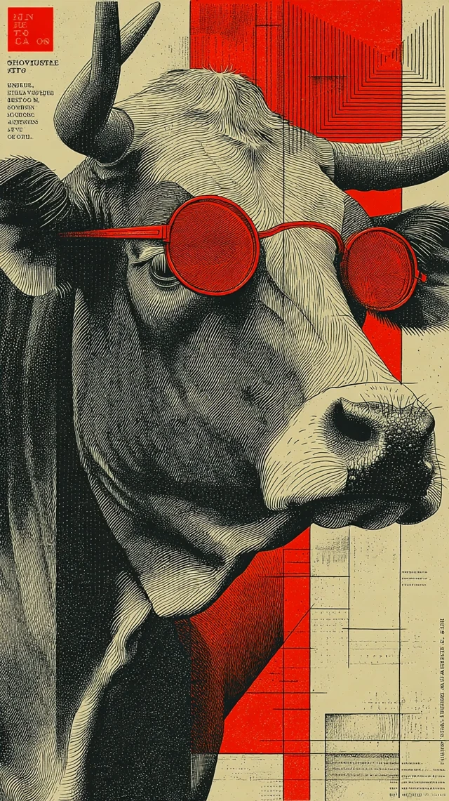 Bauhaus Cow Advertising Poster with Red Spectacles