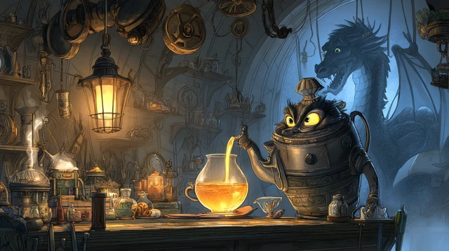 Mischievous Steampunk Teapot Pouring Tea