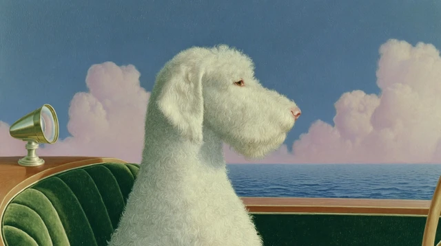 Dog in Boat on the Ocean Nostalgic Surreal Art