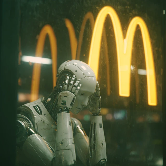 Disappointed AI Robot in McDonald&#039;&#039;s Cyberpunk Scene