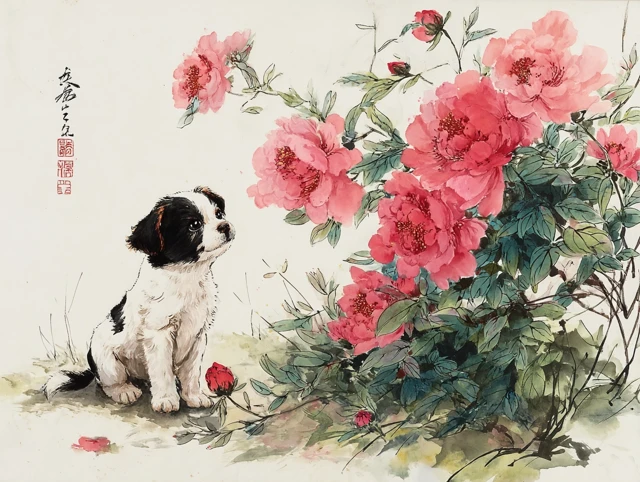 Chinese Watercolor: Dog with Peonies, Wu Guanzhong Style