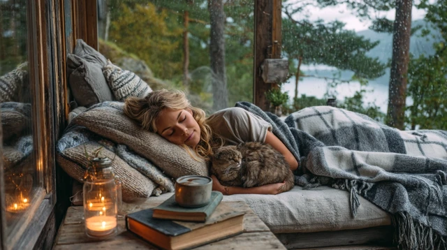 Cozy Cabin Sleep Woman Cat Rain Candles