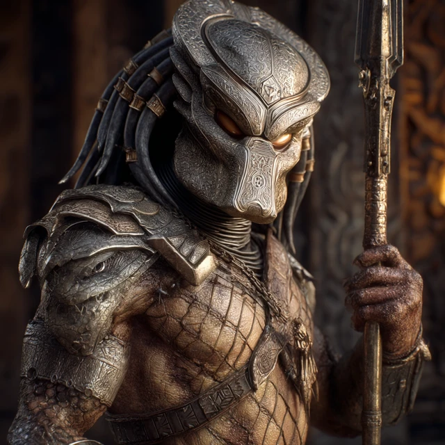 Futuristic Alien Warrior Predator in Ancient Temple