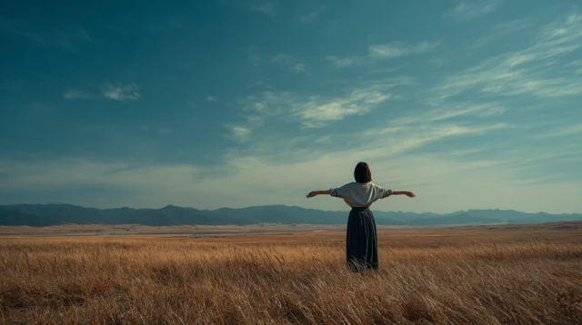 Woman on Korean Grassland Cinematic Landscape