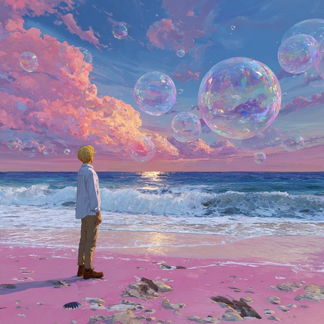 Dreamy Beach Scene Anime Boy Bubbles Rockets