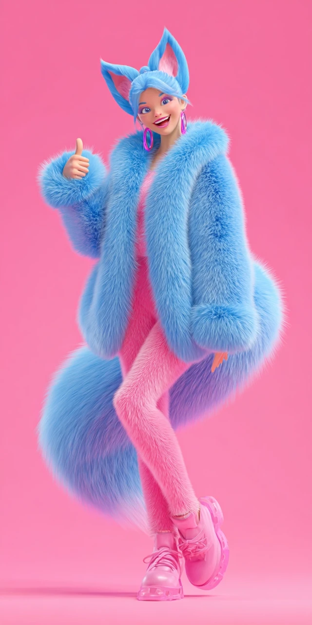 Blue Fox Girl Pink Outfit Thumbs Up 3D Art