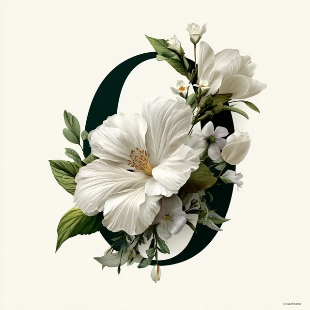 White Flower Illustration with Letter O Elegant Design