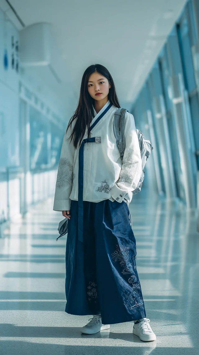 Korean Girl in Hanbok Style Uniform Futuristic School