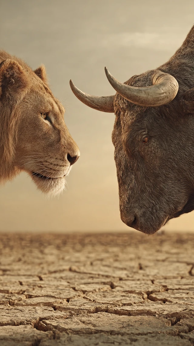 Lion and Bull Face Off in Desert Landscape