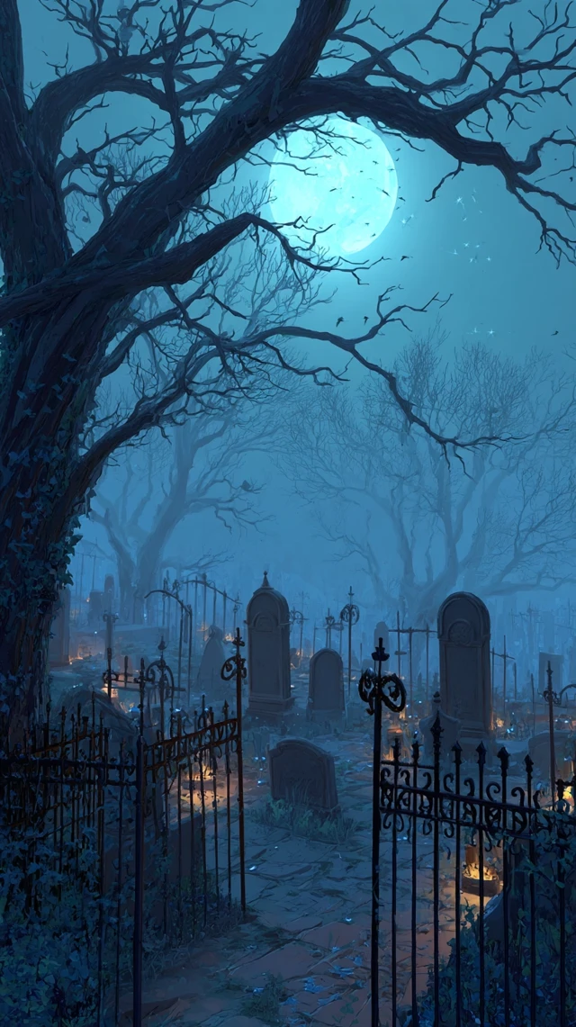 Haunted Cemetery at Night Spooky Illustration