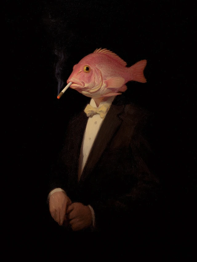 Elegant Oil Painting Pink Fish Smoking