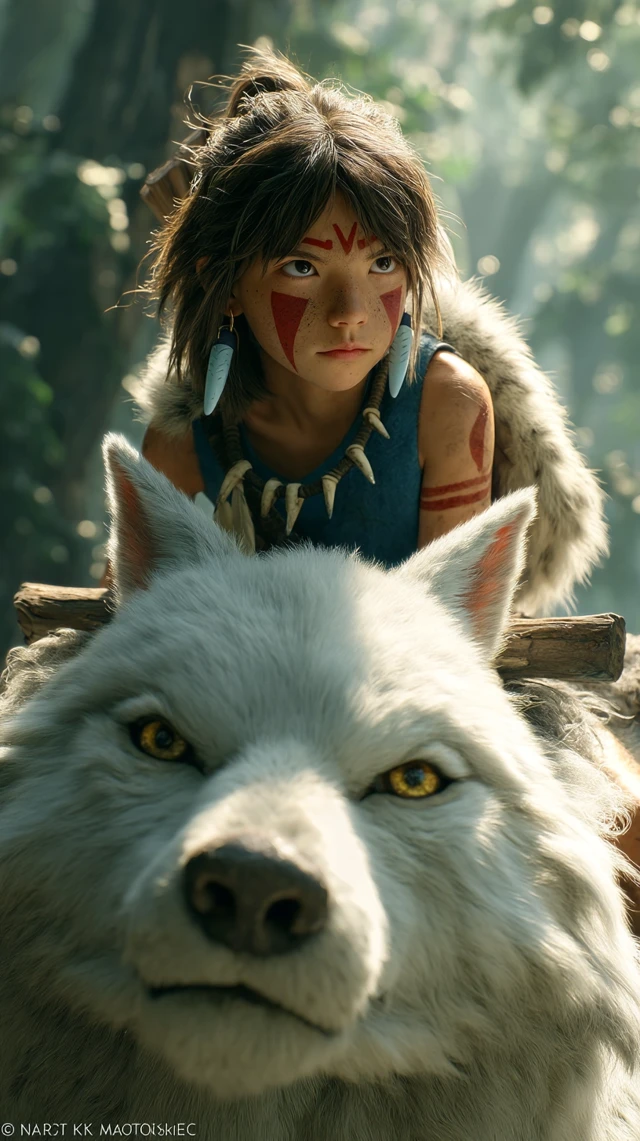 Japanese Girl on a Wolf in Mystical Forest Photo