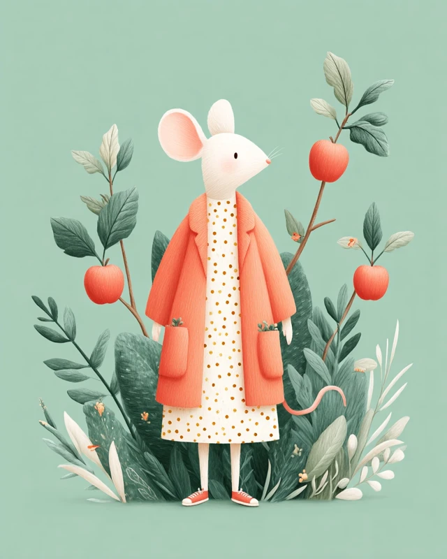 Cute Mouse in Apple Orchard Whimsical Illustration