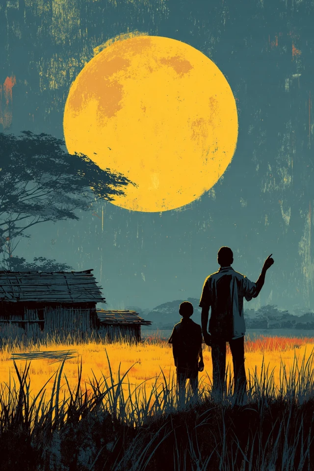 Father and Son Moonlit Village Illustration
