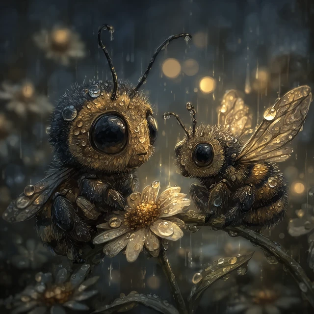 Cute Bees in the Rain Cartoon Illustration
