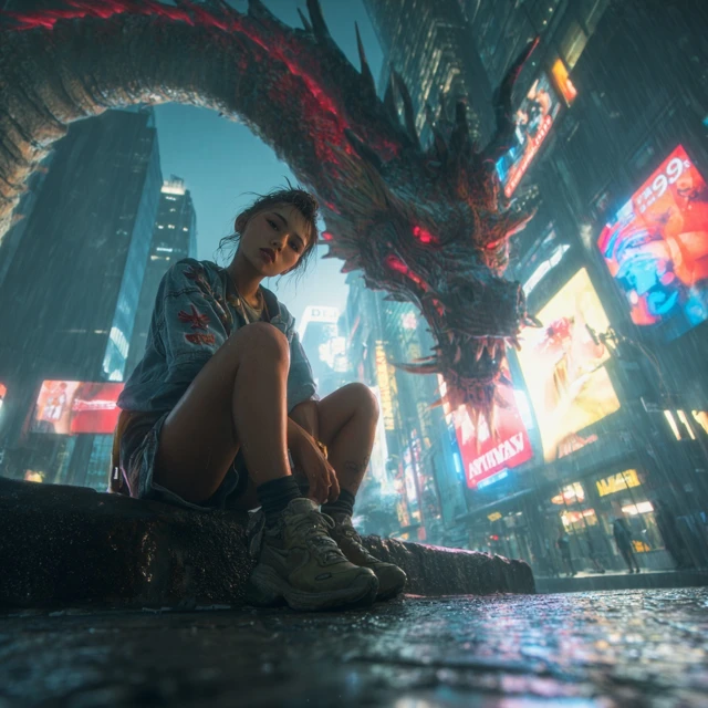Cyberpunk Woman and Dragon Night Scene