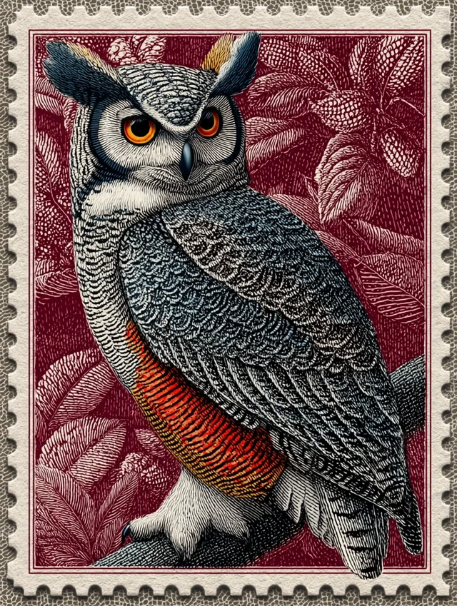 Retro Owl Postage Stamp Art