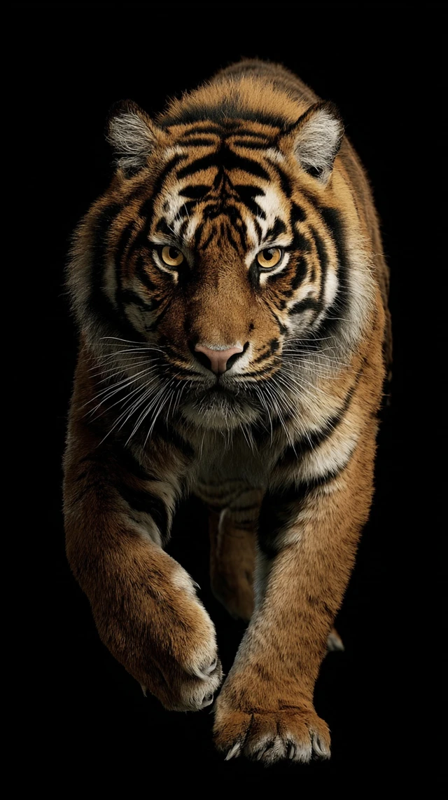 Tiger Chasing Close Up Shot On Black Background