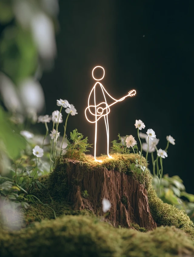 Boy Plays Guitar on a Stump in Forest Illustration