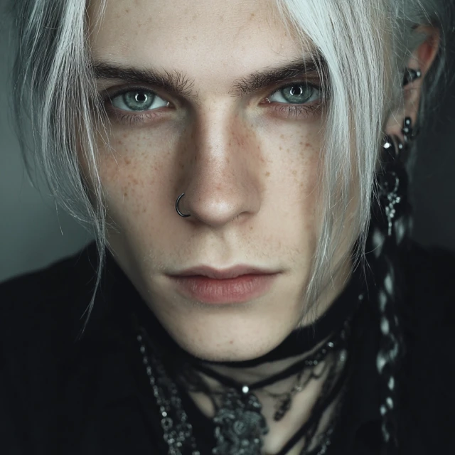 Gothic Man with White Hair and Piercings