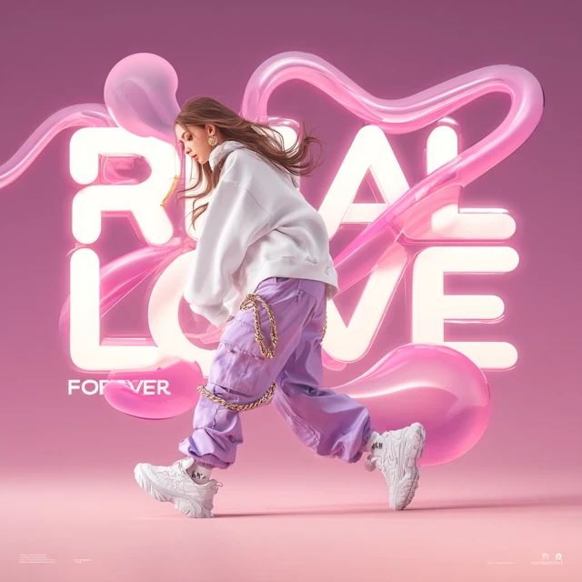 Fashion Ad: Real Love Forever - Young Model, Pink Gradient
