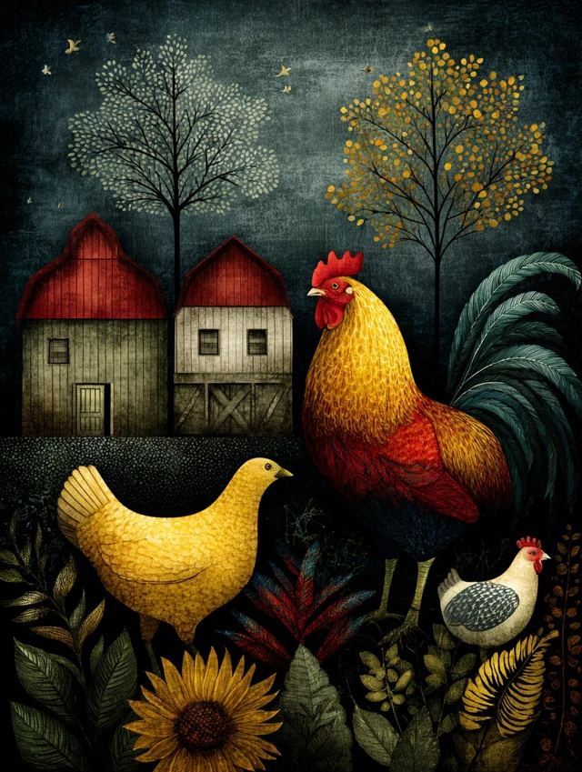 Whimsical Folk Art Farm Life Illustration