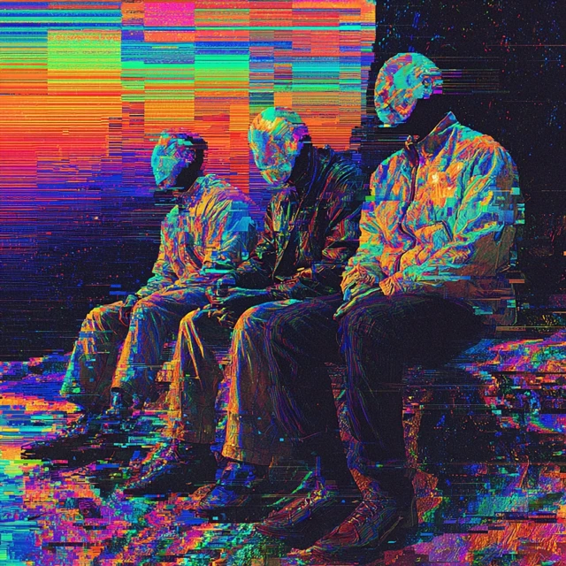 Glitched Holographic Art Three Men Psychedelic Colors