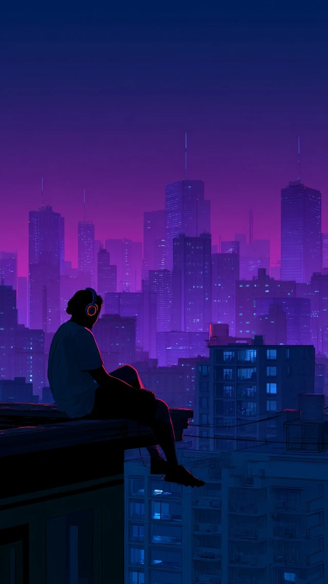 Rooftop Cityscape at 3AM Neon Skyline Silhouette