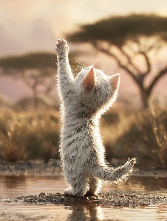Tiny Kitten Cheers in Muddy Water African Savannah