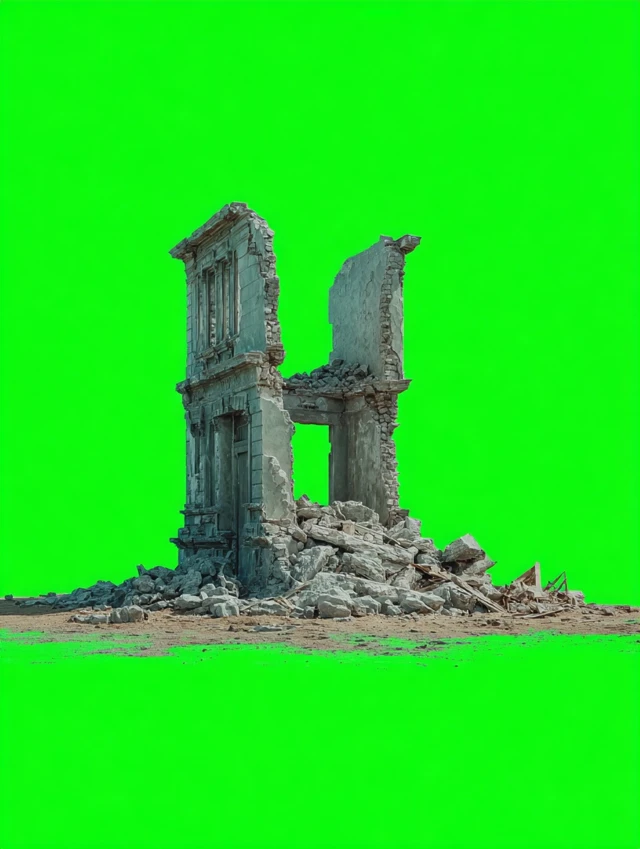 Post Apocalyptic Ruins Building Green Background