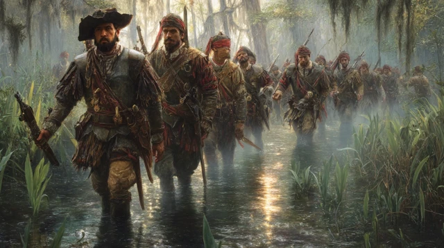 Mayan Warriors in a Swamp Ambush Dawn