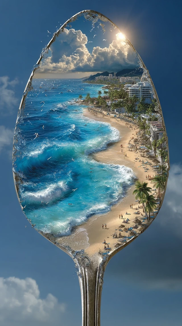 Magical Beach Scene in a Spoon Art Illustration