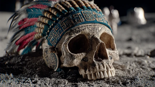 Skull on Moon Mayan Headdress American Flag