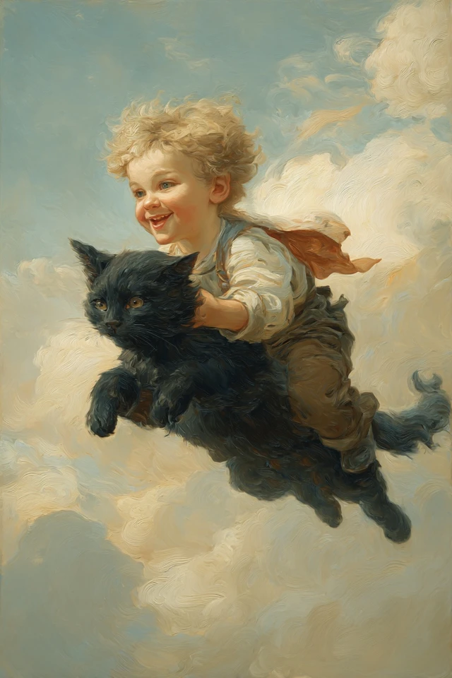 Angel Child Riding Cat Oil Painting