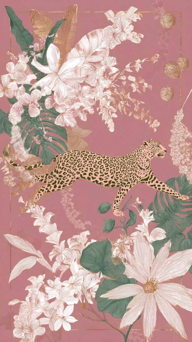 Leopard in Pink Botanical Jungle Art
