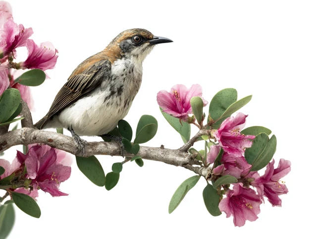 Bird on Branch with Pink Flowers Photography