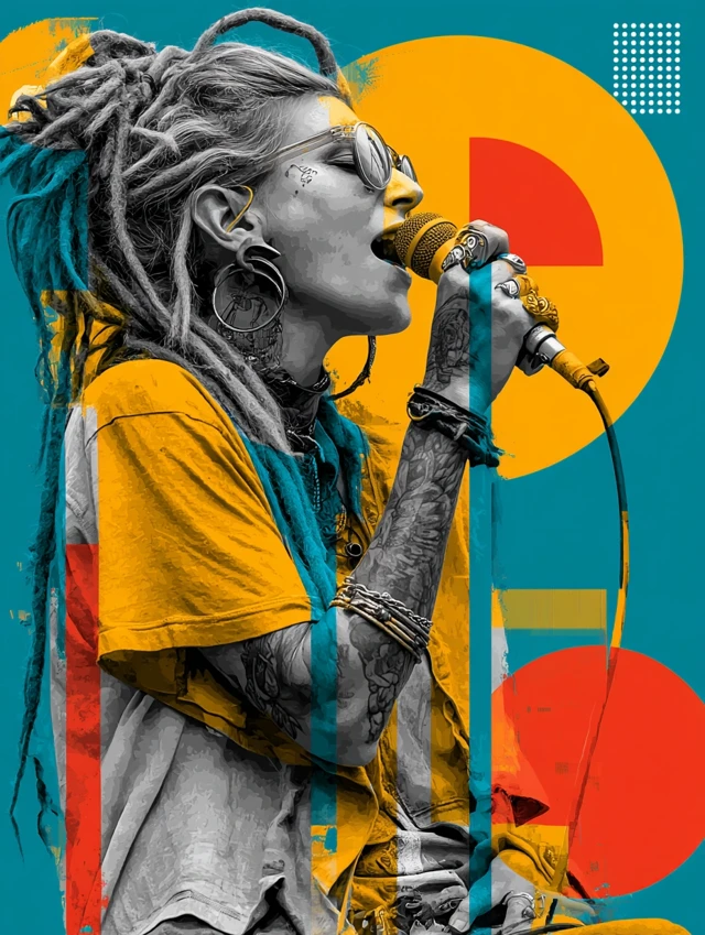 Punk Singer with Dreadlocks and Tattoo Abstract Art